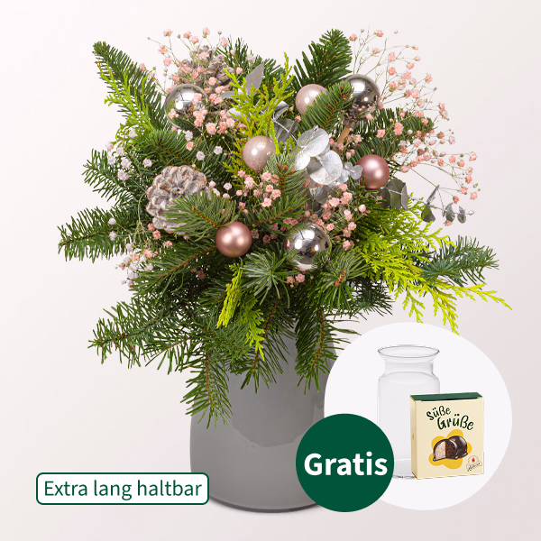 Strauß Winterglanz mit Halloren Kugeln & Vase