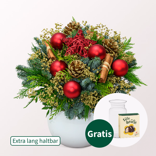 Strauß Weihnachtsstern mit Halloren Kugeln & Vase