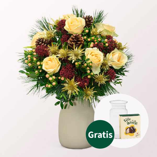 Blumenstrauß Goldglöckchen mit Halloren Kugeln & Vase