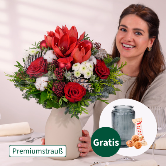 Premiumstrauß Winterfarben mit Premiumvase & Ferrero Giotto 3er