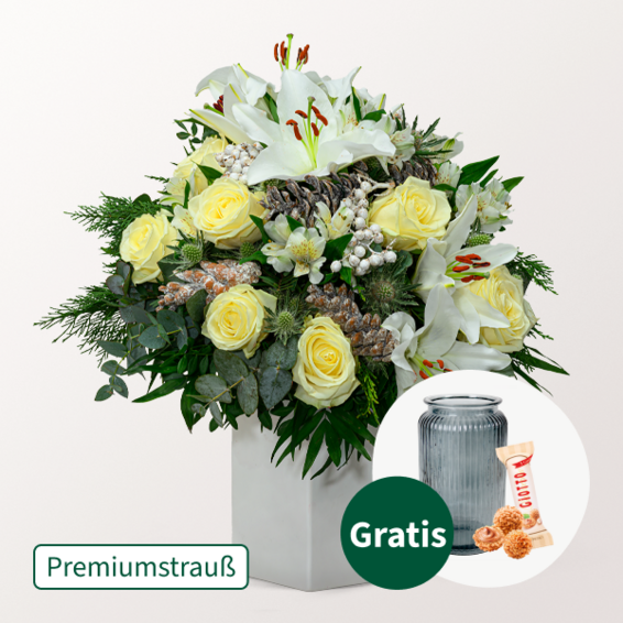 Premiumstrauß Snow White mit Premiumvase