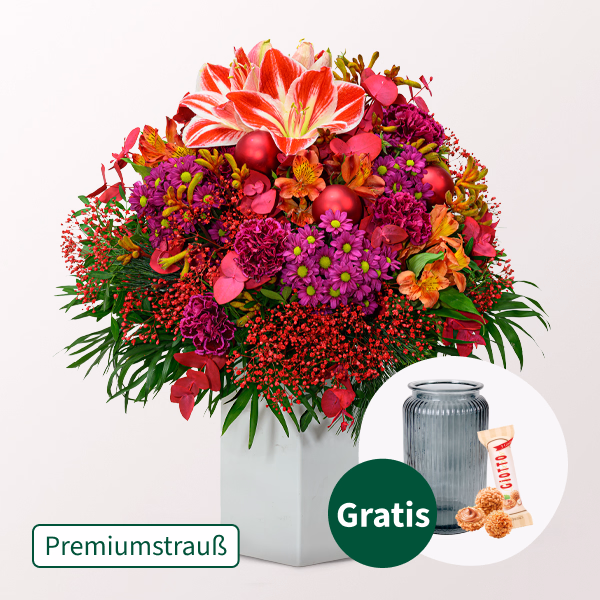 Premiumstrauß Winterherz mit Premiumvase & Halloren Kugeln