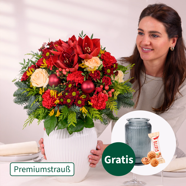 Premiumstrauß Festliche Bescherung mit Premiumvase & Ferrero Giotto 3er