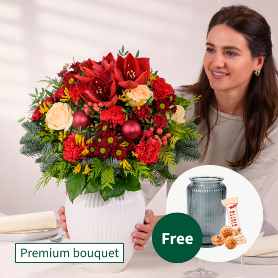 Premium Bouquet Festliche Bescherung with Premium Vase & 3 Ferrero Giotto