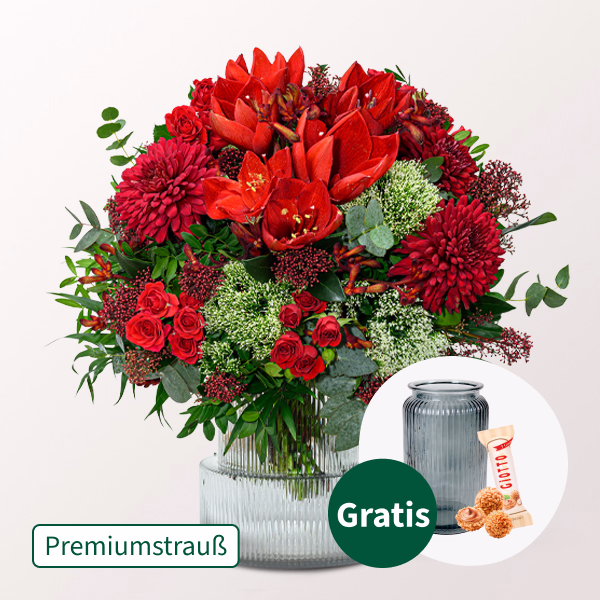 Premiumstrauß Große Bescherung mit Premiumvase & Halloren Kugeln