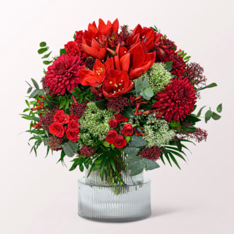 Premiumstrauß Große Bescherung mit Premiumvase & Halloren Kugeln