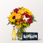Geburtstag-Set mit Blumenstrauß mit Vase & Fruchtsecco & Merci