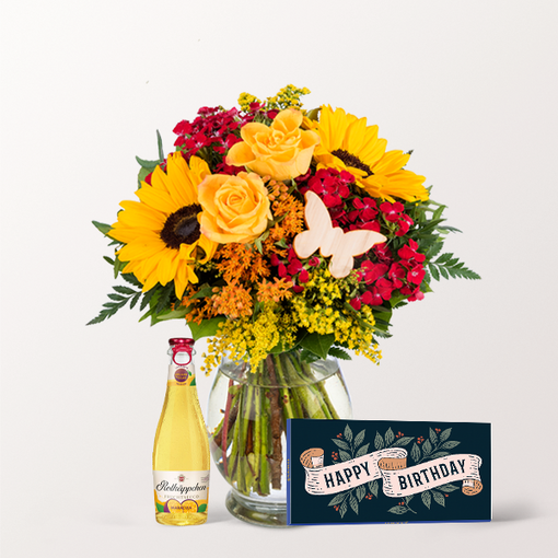 Geburtstag-Set mit Blumenstrauß mit Vase & Fruchtsecco & Merci