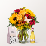 Birthday Set with Flower Bouquet with vase & Fruity Sparkling Wine & Fruit Gum Hearts