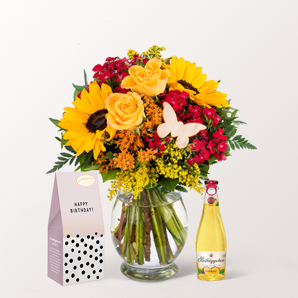 Birthday Set with Flower Bouquet with vase & Fruity Sparkling Wine & Fruit Gum Hearts