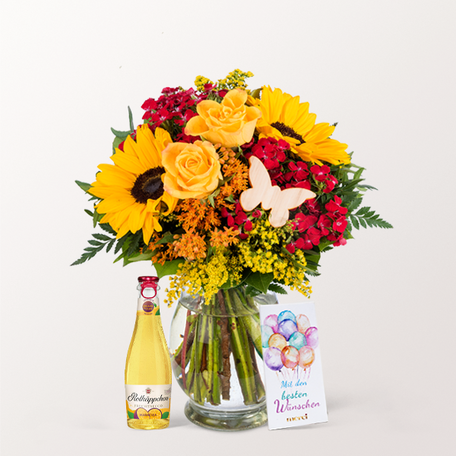 Birthday Set with Flower Bouquet, Merci, Fruity Sparkling Wine and