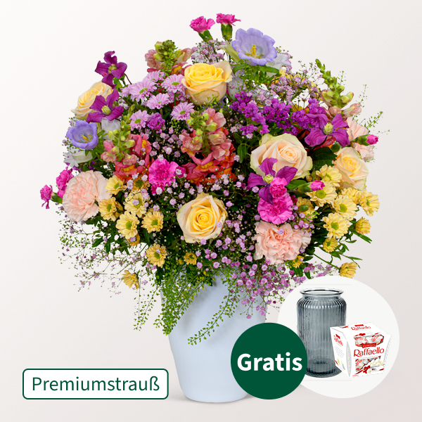 Premiumstrauß Märchengarten mit Premiumvase & Raffaello