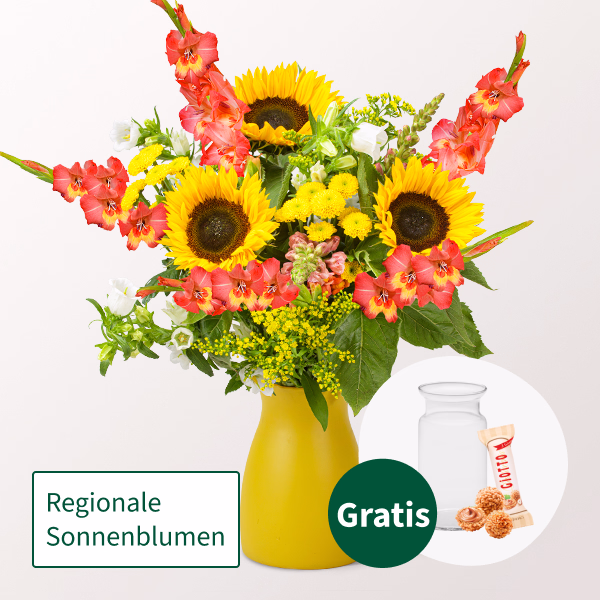 Blumenstrauß Sonnenstrahl mit Vase & Ferrero Giotto 3er