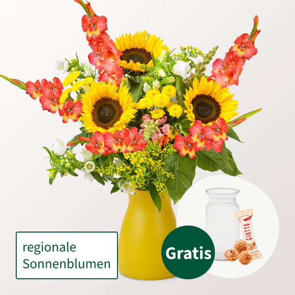 Blumenstrauß Sonnenstrahl mit Vase & Ferrero Giotto 3er