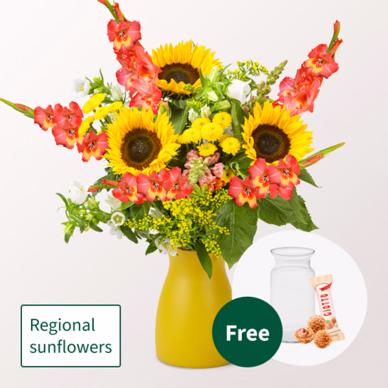 Flower Bouquet Sonnenstrahl mit vase & 3 Ferrero Giotto