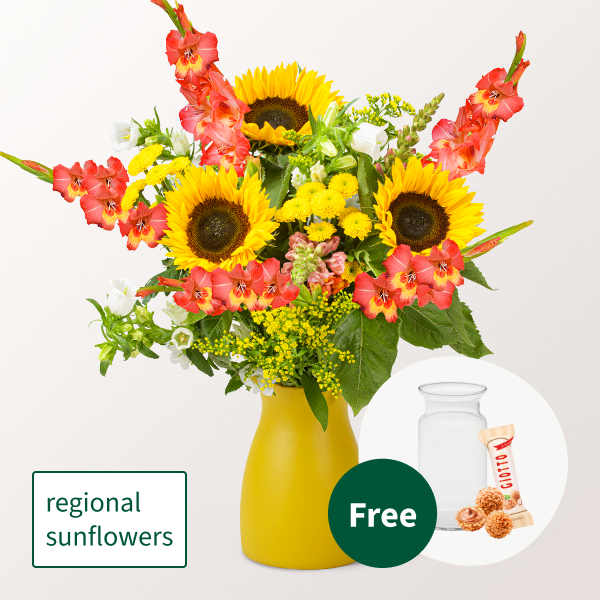 Flower Bouquet Sonnenstrahl with vase & 3 Ferrero Giotto