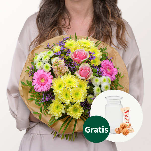 Blumenstrauß Sonnenkind mit Vase & Ferrero Giotto 3er