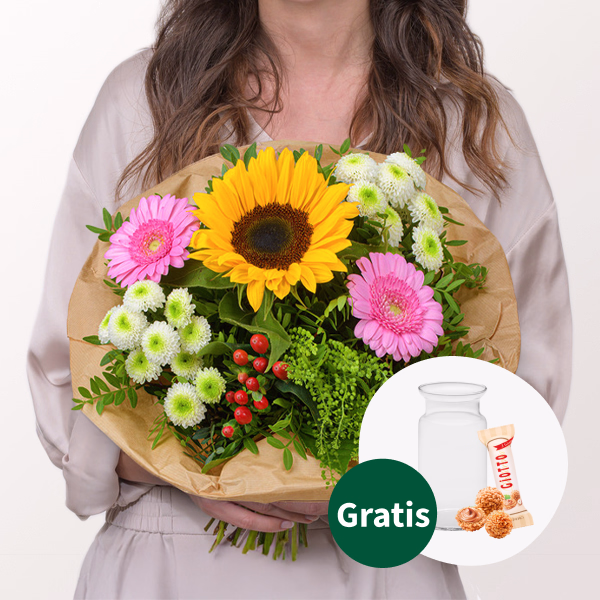 Blumenstrauß Sommerblüten mit Vase & Ferrero Giotto 3er