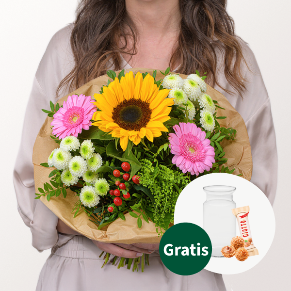 Blumenstrauß Sommerblüten mit Vase & Ferrero Giotto 3er