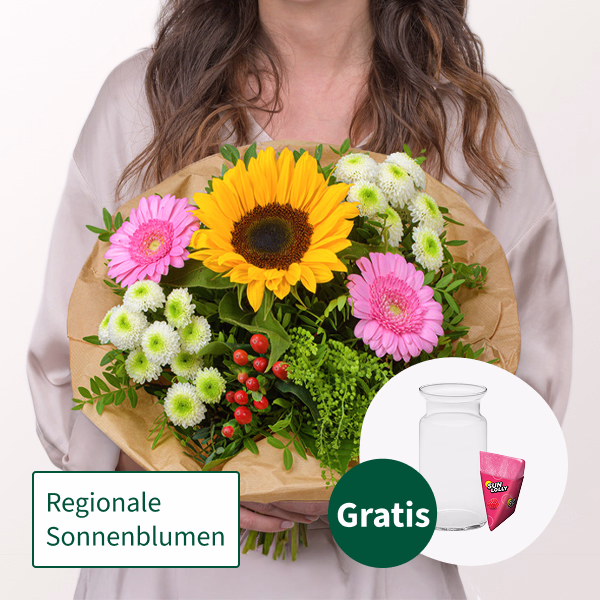 Blumenstrauß Sommerblüten mit SunLolly Himbeere & Vase