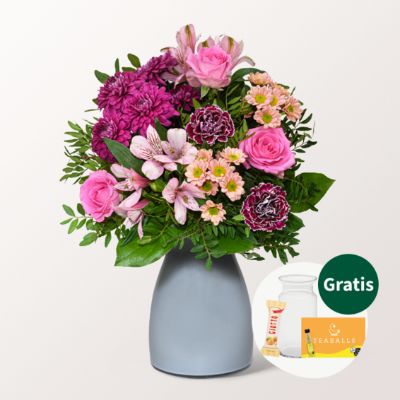 Blumenstrauß Lieber Gruß mit Vase & Teaballs & Ferrero Giotto 3er