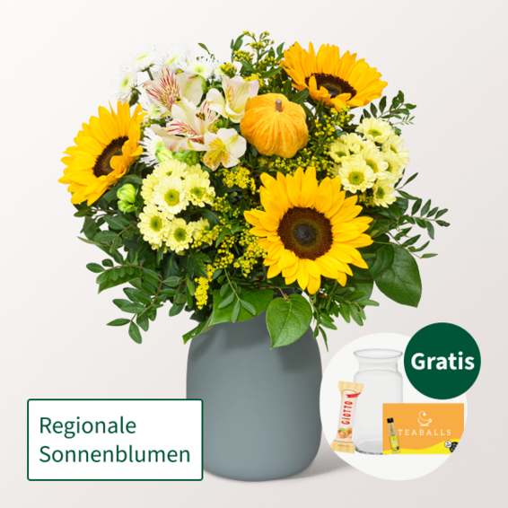 Blumenstrauß Herbstfrische mit Vase & Ferrero Giotto 3er & Teaballs