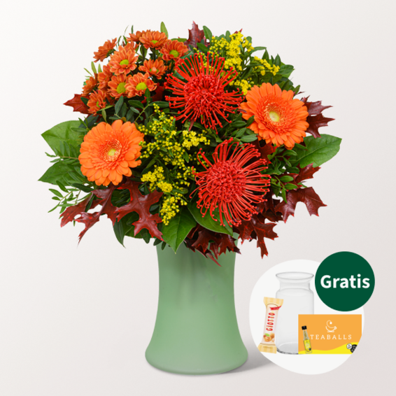 Blumenstrauß Herbstbrise mit Vase & Teaballs & Ferrero Giotto 3er