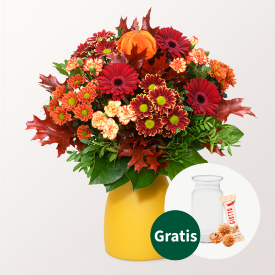 Blumenstrauß Herbststrahlen mit Vase & Ferrero Giotto 3er