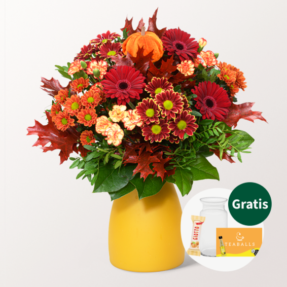Blumenstrauß Herbststrahlen mit Vase & Teaballs & Ferrero Giotto 3er