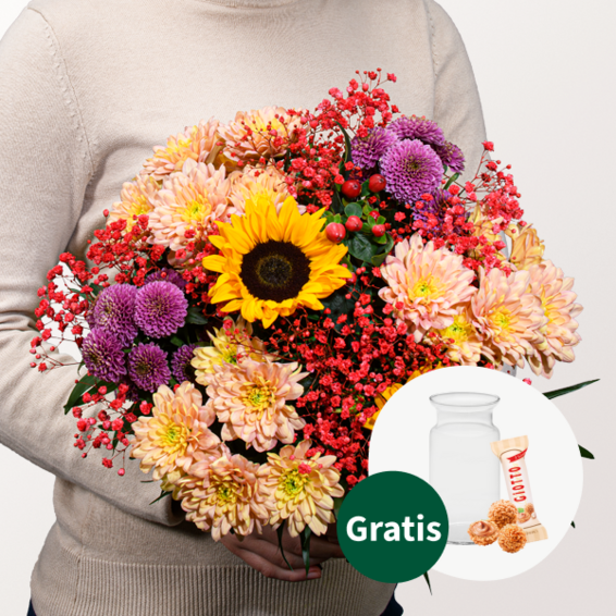 Blumenstrauß Danke mit Vase & Ferrero Giotto 3er
