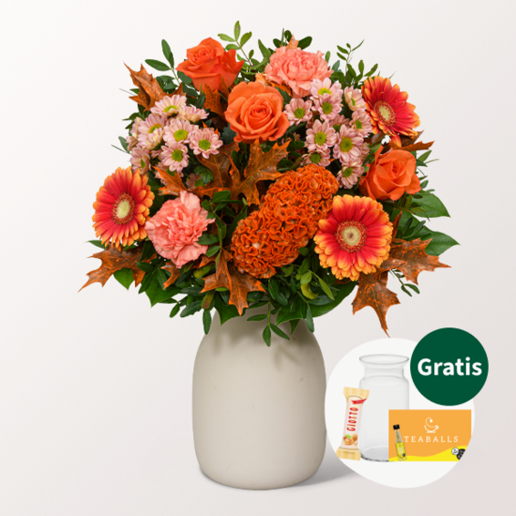 Blumenstrauß Herbstglück mit Vase & Teaballs & Ferrero Giotto 3er