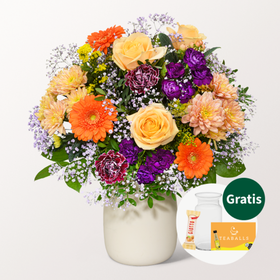 Blumenstrauß Herbstlaune mit Vase & Teaballs & Ferrero Giotto 3er
