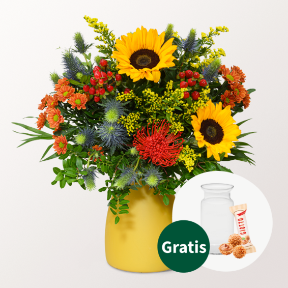 Blumenstrauß Herbsterwachen mit Vase & Ferrero Giotto 3er
