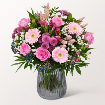 Blumenstrauß Meisterwerk mit Vase & Teaballs & Ferrero Giotto 3er
