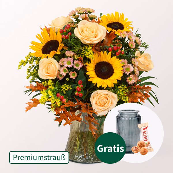 Premiumstrauß Herbstmix mit Premiumvase & Halloren Kugeln