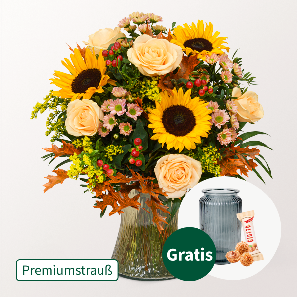 Premiumstrauß Herbstmix mit Premiumvase & Ferrero Giotto 3er