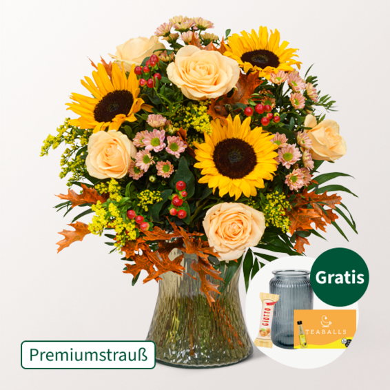 Premiumstrauß Herbstmix mit Premiumvase & Teaballs & Ferrero Giotto 3er