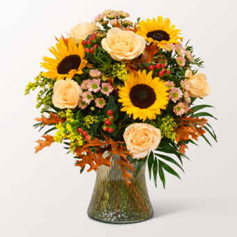 Premiumstrauß Herbstmix mit Premiumvase & Teaballs & Ferrero Giotto 3er