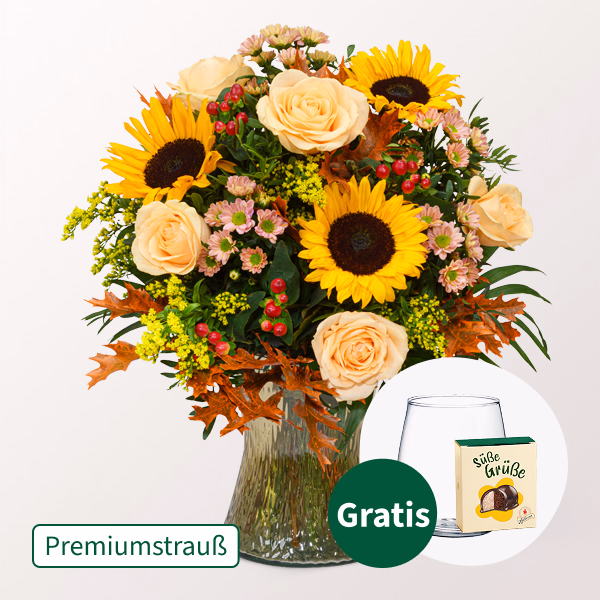 Premiumstrauß Herbstmix mit Premiumvase & Halloren Kugeln