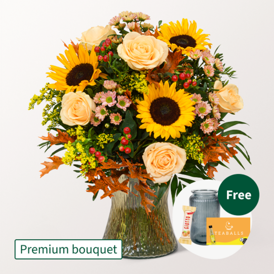Premium Bouquet Herbstmix with Premium Vase & Teaballs & 3 Ferrero Giotto