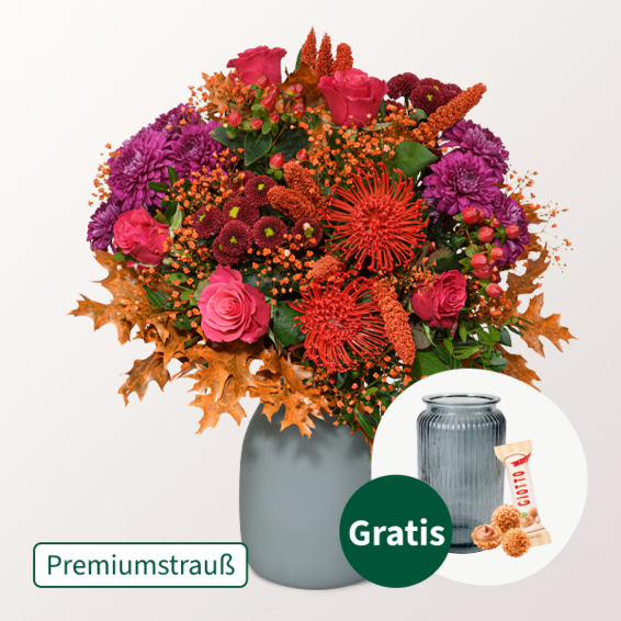 Premiumstrauß Leuchtfeuer mit Premiumvase & Ferrero Giotto 3er
