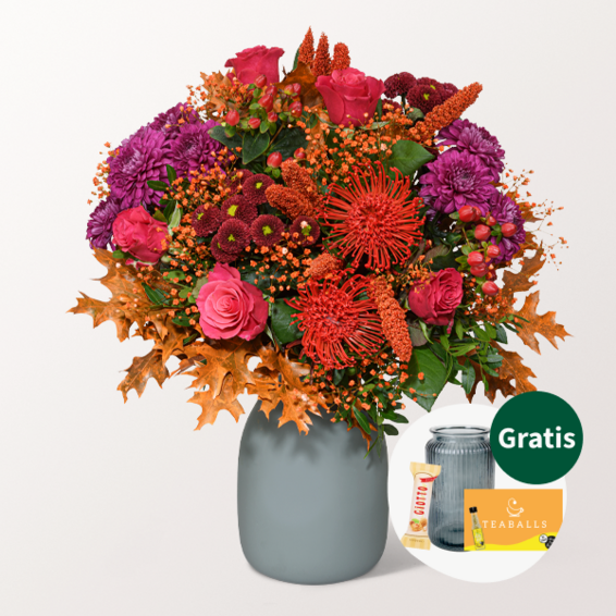 Premiumstrauß Leuchtfeuer mit Premiumvase & Teaballs & Ferrero Giotto 3er
