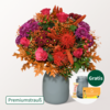 Premiumstrauß Leuchtfeuer mit Premiumvase & Ferrero Giotto 3er & Teaballs