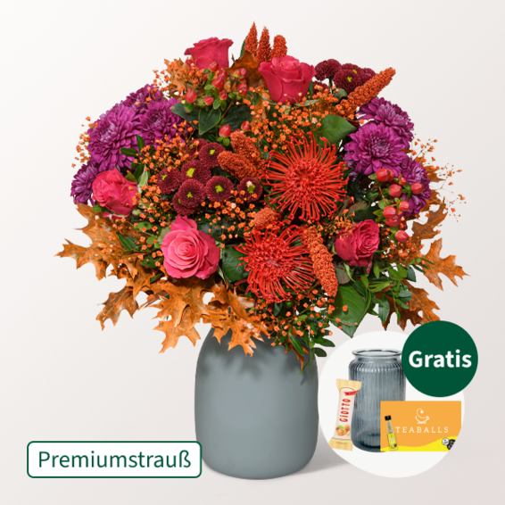 Premiumstrauß Leuchtfeuer mit Premiumvase & Ferrero Giotto 3er & Teaballs