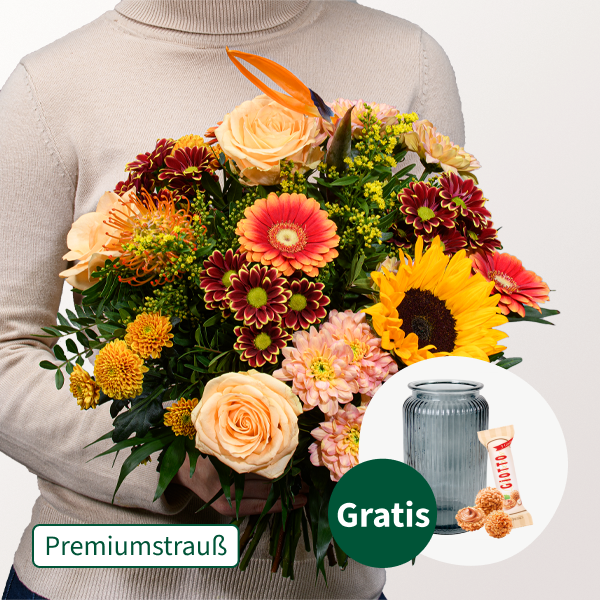Premiumstrauß Ode an den Herbst mit Premiumvase & Ferrero Giotto 3er