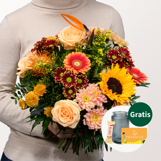 Premiumstrauß Ode an den Herbst mit Premiumvase & Teaballs & Ferrero Giotto 3er