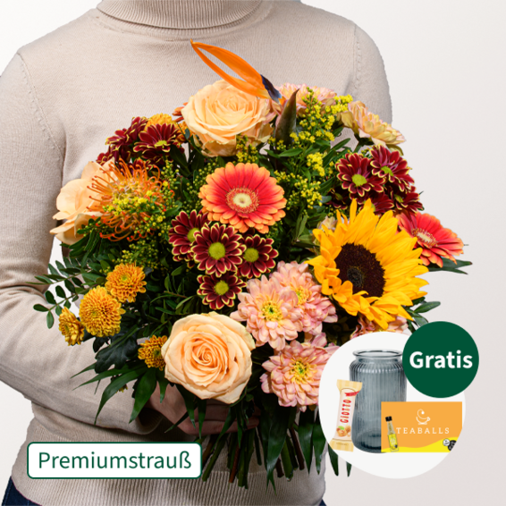 Premiumstrauß Ode an den Herbst mit Premiumvase & Ferrero Giotto 3er & Teaballs