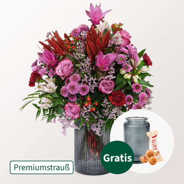 Premiumstrauß Abendsonne mit Premiumvase & Ferrero Giotto 3er