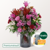 Premiumstrauß Abendsonne mit Premiumvase & Ferrero Giotto 3er & Teaballs