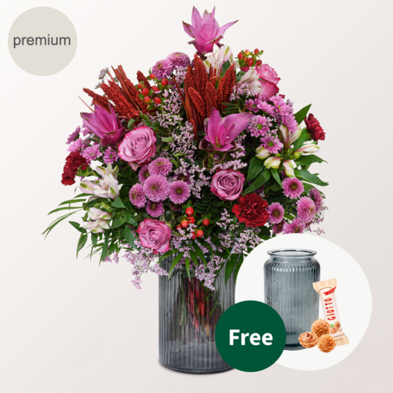 Premium Bouquet Abendsonne with Premium Vase & 3 Ferrero Giotto